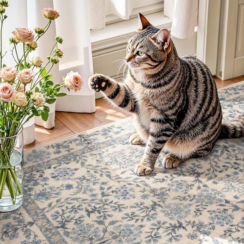 Blue/Cream 5x7 Washable Vintage Floral Area Rug for Living Room - Jinchan