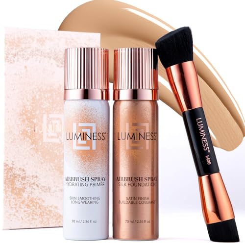 LUMINESS Complete Makeup Kit - Includes Face Palette, Airbrush Foundation, Primer and Brush - Silky, Long-Wearing, Easy to Blend, Perfect Makeup for Older Women, 4-PC Make Up Set (03 - Light Medium)