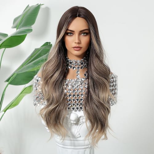 Mixed Brown Long Curly Wigs for Women Heat Resistant Synthetic Hair - Natural Layered Style