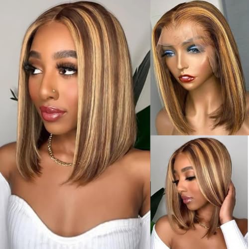 Highlight 4/27 Lace Front Bob Wig Human Hair 16 Inch Ombre Honey Blonde