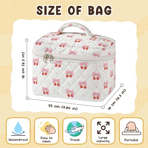 Quilted Makeup Bag Large Cosmetic Travel Case for Women Cherry Ribbon Pattern Vanity Soft Cotton Toiletry Organizer Skincare Brushes Accessories Storage