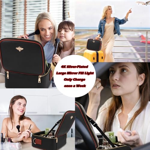 Travel Makeup Bag with Light Up Mirror - Black, Waterproof, Rechargeable LED Vanity Case