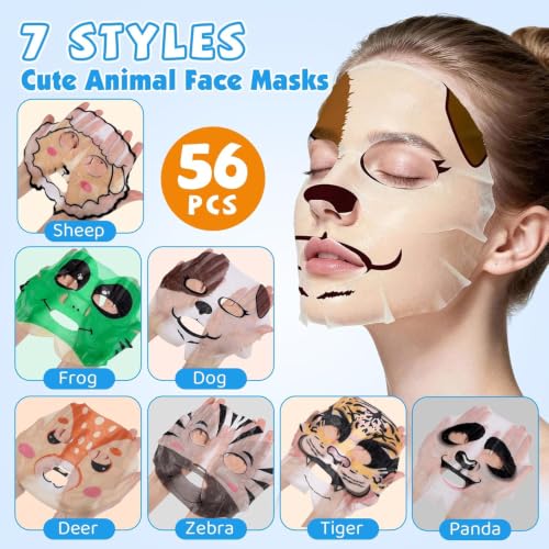 Kids Animal Face Masks Set - Hydrating & Moisturizing 56 Pack with 7 Characters - H-56 Pack