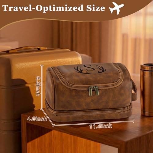 Personalized Men's Toiletry Bag with Initials - Light Brown, Waterproof PU Leather, Gift for Dad, Men, Birthday, Christmas