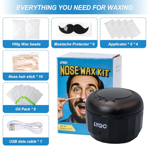 Nose Wax Kit Men, Mini Wax Warmer for Nose Eyebrow Ear Hair Removal, waxing kit with USB Fast Heat£¬including 100g Beads & 30 Sticks£¬Portable wax machine, suitable for home travel use - black