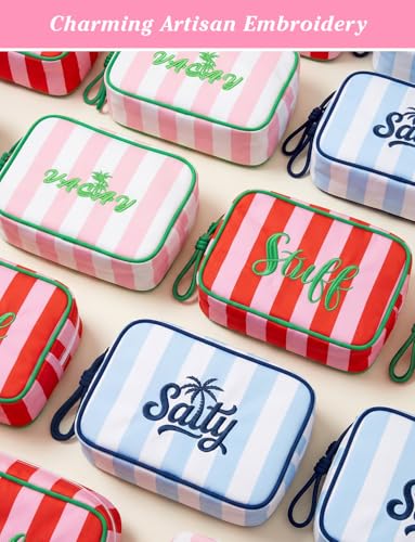 Travel Makeup Bag with Embroidered Salty Letter - Blue Striped Cosmetic Organizer for Women, Vacation & Beach Trips