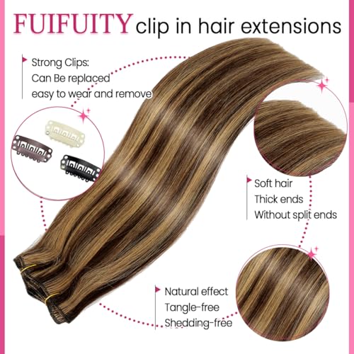 Clip-In Hair Extensions 14 Inch Real Human Hair Balayage Dark Brown Chestnut 80g