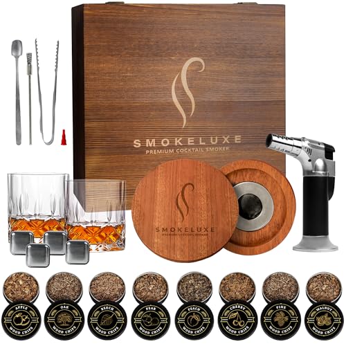 Whiskey Smoker Kit with 8 Wood Chips, Glasses & Lighter - Premium Bourbon Infusion Set