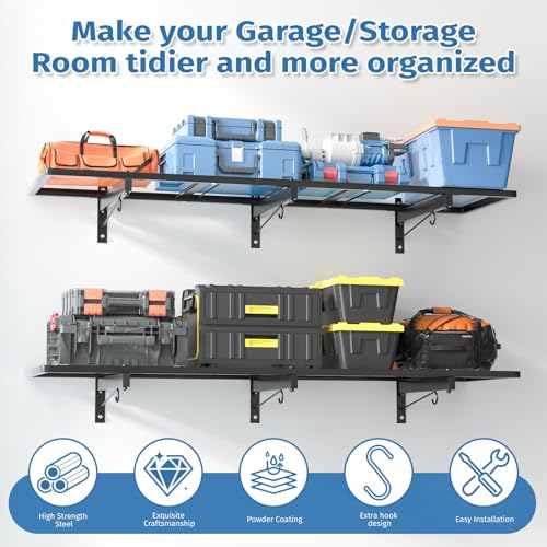 Garage Wall Shelving 46x12.5 Inches with Hooks - Heavy Duty Storage Rack - Black Metal Wall Organizer - Variation 2