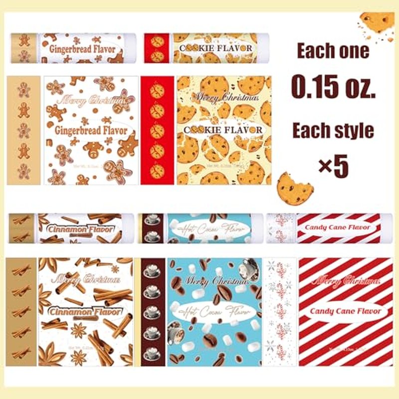 75pcs Christmas Peppermint Flavor Lip Balms Gift Bulk Candy Gingebread Hot Cocoa Cookie Cinnamon Flavor Lip Balm Favor Christmas Party Gift Stocking Stuffer for Coworker Staff Employee (Cute)