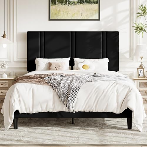 Black Queen Platform Bed Frame with Velvet Upholstered Headboard, Adjustable & Storage
