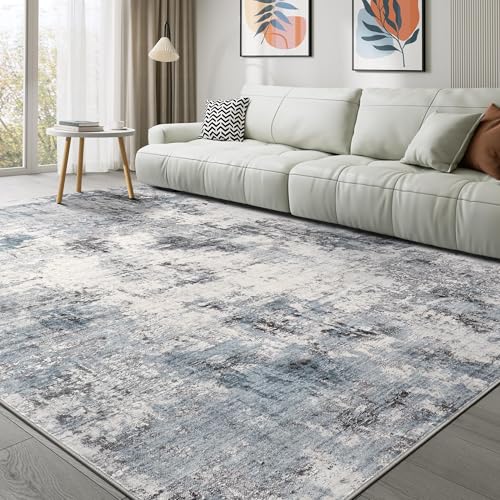 Grey Blue Washable 9x12 Area Rug for Living Room - Modern Abstract Home Decor