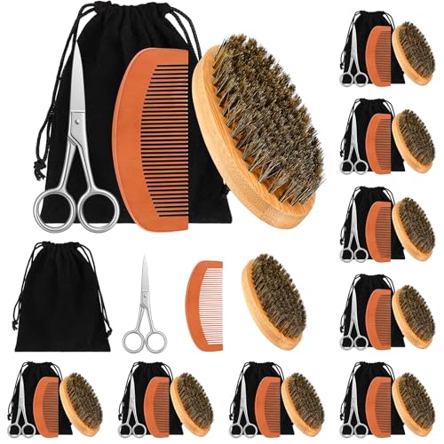 Maitys 10 Sets Beard Brush and Comb Set Bulk Boar Bristle Beard Brush Comb Scissors Kit Gifts for Men Father Colleague Employee Appreciation Christmas(Oval)
