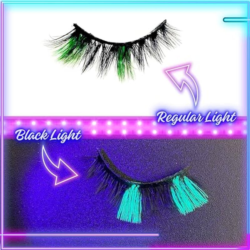3D False Lashes With Color On End, Faux Mink Wispy Fluffy Two-Toned Colored Strip C Curl, Glow Party Festival Show Eyelashes, Look Like Extensions (Green Spark)