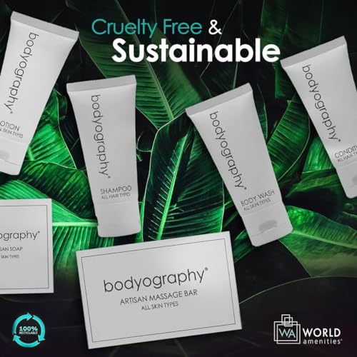 World Amenities - Bodyography Blanc Mini Travel Size Toiletries Bathroom Kit | Vanilla White Tea| Shampoo, Conditioner, Body Wash, Lotion, Artisan Soap and Massage Bar
