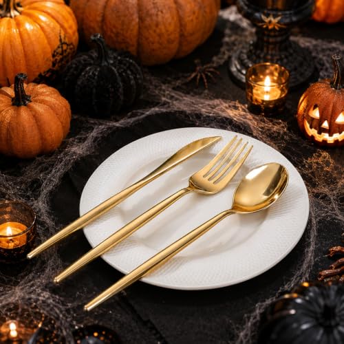 SUT 600-Piece Gold Plastic Cutlery Set Heavy Duty Disposable Utensils for Events