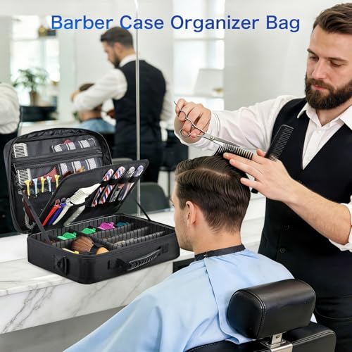 Yueieoun Professional Barber Clipper Case Organizer Bag, Black – Adjustable Dividers, 6-Slot Scissors Panel, Travel Grooming Tool Storage