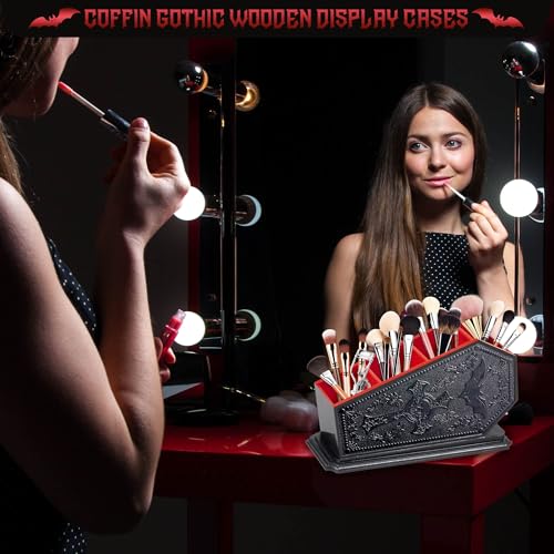 Gothic Coffin Makeup Brush Holder - Red Bat Cosmetic Display Case, Witchy Vanity Organizer