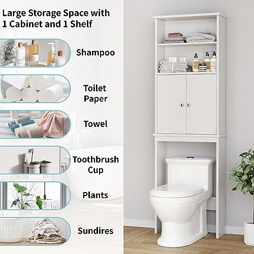 Over the Toilet Storage Cabinet with 2 Open Shelves and Door - White, 2-Tier Bathroom Organizer