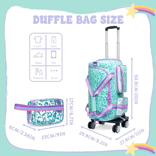 Kids Rolling Duffle Bag with Wheels for Girls - Travel Overnight Bag with Makeup and Toiletry Bag - Dance Bag for Women