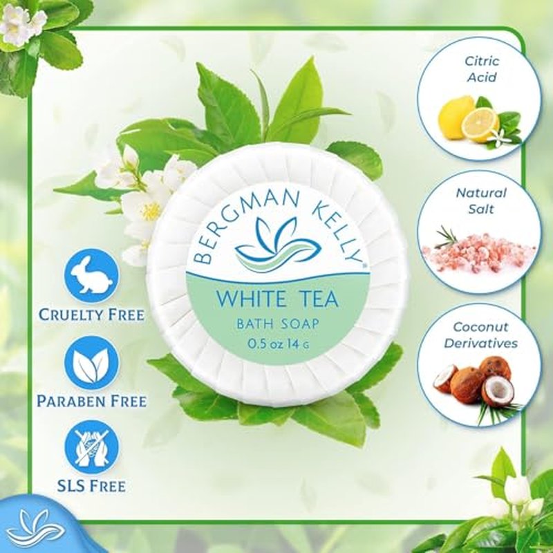 BERGMAN KELLY - Hotel Soap Bars - White Tea, 0.5 oz, 400 PK - Travel Size Luxury Bulk Amenities Bar Soap - Mini Individually Wrapped Round Soap - Small Toiletries for Airbnb, Motel, Guest Bathroom