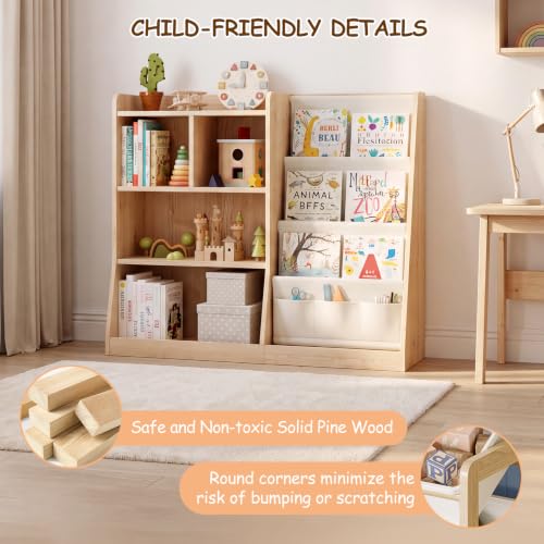 Kids Bookshelf with Front Book Rack and Open Storage - Solid Pine, Triangle Design
