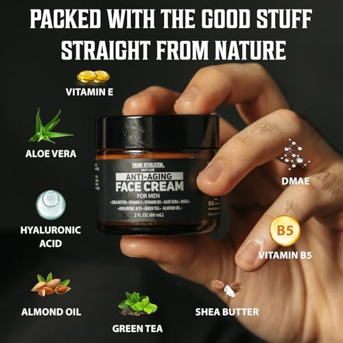 Viking Revolution Mens Anti Aging Face Cream - Mens Face Moisturizer for Men with Hyaluronic Acid, Aloe Vera, Vitamin E - Wrinkle Cream for Men with Vitamin B5, Green Tea (2 Fl Oz)