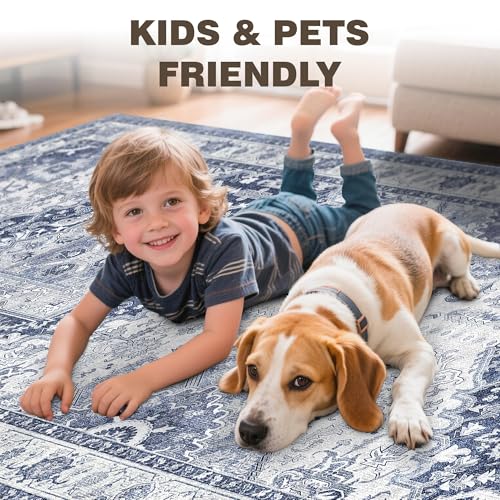 Washable 8x10 Navy Blue Area Rug Non-Slip Living Room Carpet - Kid & Pet Friendly