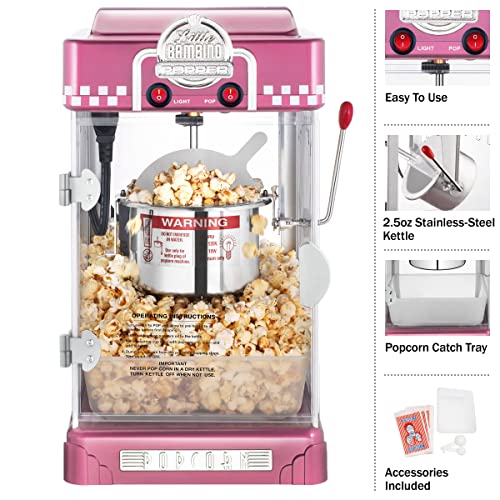 Pink Popcorn Maker Machine - 2.5oz Stainless Steel Kettle, Home Theater Snack