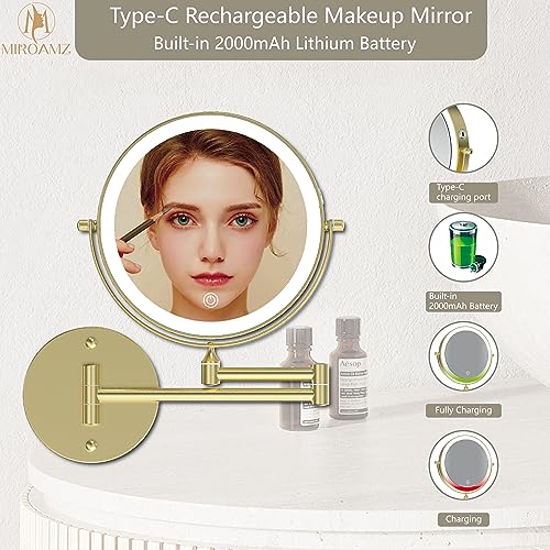 Rechargeable Wall Mounted Lighted Makeup Vanity Mirror 8 Inch Double Sided 1X 10X Magnifying Bathroom Mirror, 3 Color Lighting, Touch Screen Dimming, 360 Rotation Shaving Mirror Gold