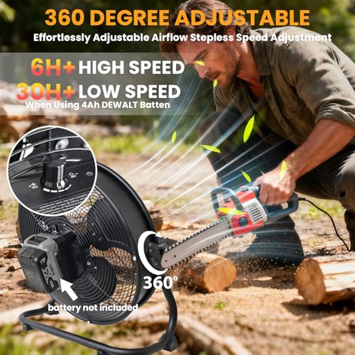 14-Inch Battery Operated Metal Floor Fan for Dewalt 20V Max - Portable Jobsite Fan with AC Adapter, 1500 CFM, Variable Speed, Tilt & Hanging Hook