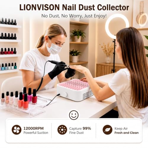 LIONVISON Pink Nail Dust Collector 12000RPM Quiet & Strong Suction