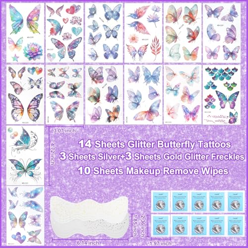 Yosca Butterflies Glitter Tattoos, 14Pcs Sparkle Butterfly Temporary Tattoos, 6Pcs Metallic Gold Silver Glitter Freckles for Eye Face Makeup Mermaid Butterfly Party Favors Butterflies DIV Accessories