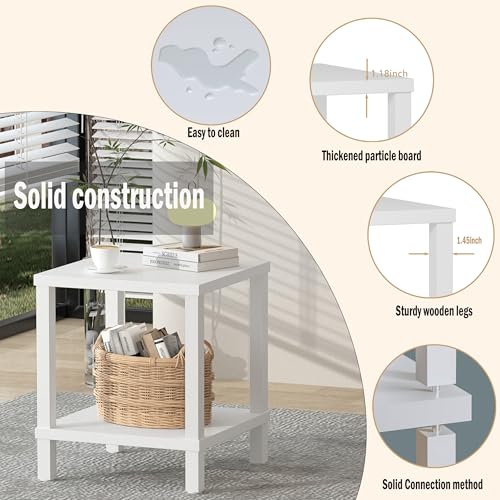 White Modern End Table with 2-Tier Storage Square Sofa Side Table