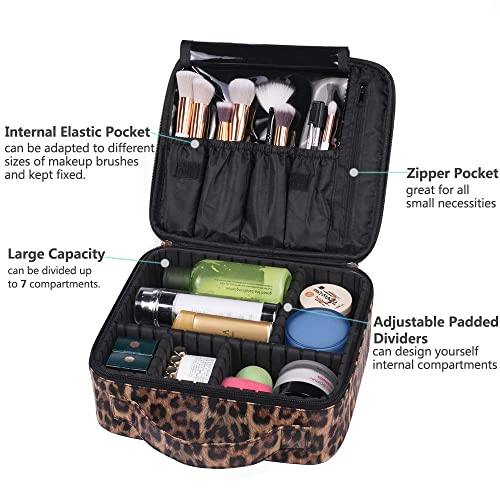 Uongeod Travel Makeup Bag Leopard Print PU Leather Cosmetic Makeup Bag Organizer case with Adjustable Dividers for Women