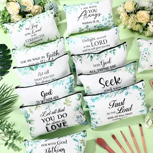 Hillban 36 Pcs Christian Gifts for Women Christian Makeup Bag Bible Verse Cosmetic Bag Inspirational Pencil Case with Zipper Green Leaves Travel Organizer Pouch for Cosmetics Makeup Brushes, 12 Styles