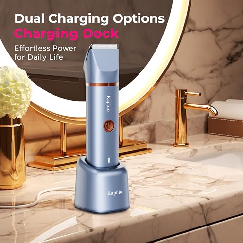 Bikini Trimmer for Women Pubic Hair: 2 in 1 Electric Razors for Women - IPX7 Waterproof Lady Shaver for Travel & Home Use (Blue-Gold)