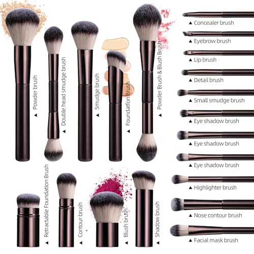 BS-MALL Professional Makeup Brush Set With Portable Case Triangle Puff 14 Pcs for Liquid, Cream, and Powder