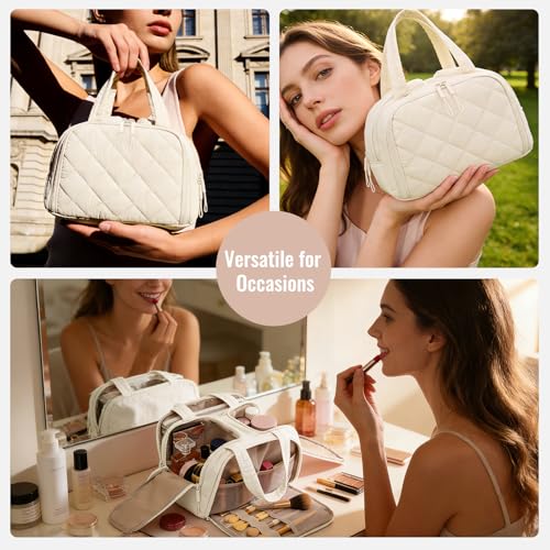 White Large Quilted Travel Toiletry Bag with Water-Resistant PVC & Mesh Pockets