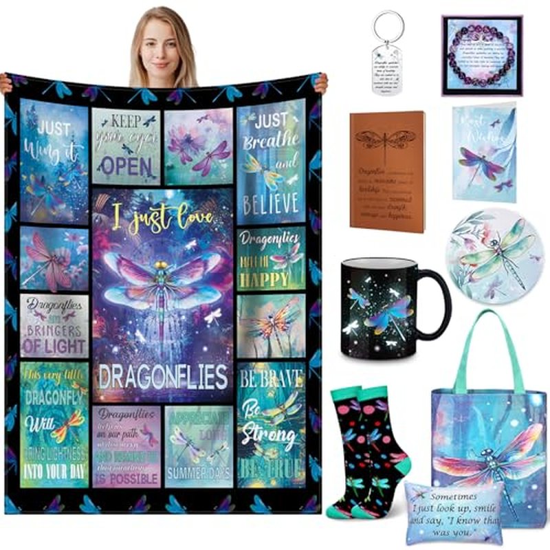 12 Pcs Dragonfly Gifts for Women Dragonfly Blanket Socks Bracelet Tote Bag Mug Cup Coasters Keychain Notebook Greeting Card Dragonflies Gift Set for Women Birthday Christmas
