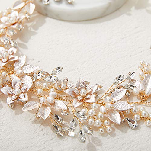 Gold Bridal Headband with Rhinestones and Pearl Flowers - Wedding Hair Accessories