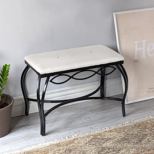 Mango Steam White Shoe Bench - Vanity Seat for Makeup Room, Rectangular Cream Upholstered Stool