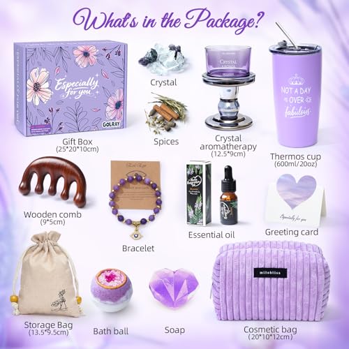 Golray Lavender Gifts for Women Friendship Gift Basket, Purple Dream Healing Fireless Aromatherapy/Thermos Set, 30th 40th 50th Women Self Care Spa Birthday Christmas Gifts for Her Sister Mom