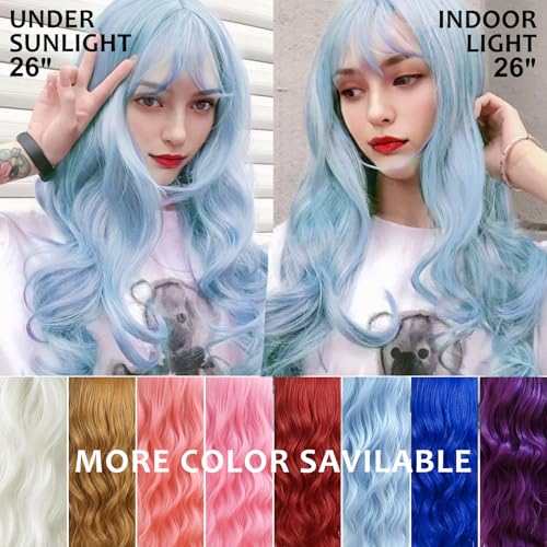 Blue Wigs for Women - 26 Inch Long Wavy Synthetic Wig with Bangs - Variation of Blue / 26 Inch