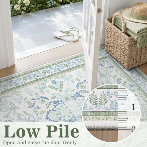 DCX 8x8 Square Washable Rug with Non-Slip Backing - Blue & Green Botanical