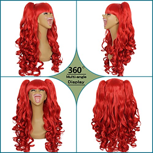 Red Long Curly Wig with Removable Pigtails for Cosplay Women Girls - Halloween Party