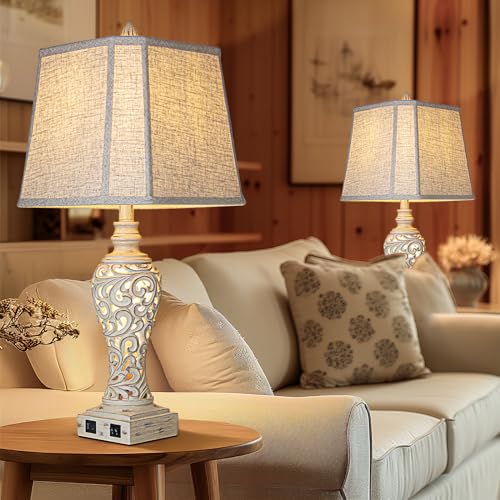 Cream Set of 2 28.5-Inch Bedside Table Lamps with Nightlight & USB Ports