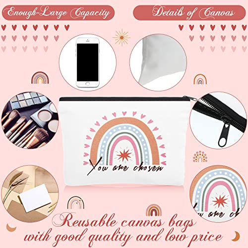 Pinkunn Christmas Rainbow Canvas Cosmetic Bag Bulk with Inspirational Quote Keychains Set 16 Pcs Cosmetic Bags 16 Pcs Keychains You are Amazing Beautiful Kind Travel Pouch Zipper