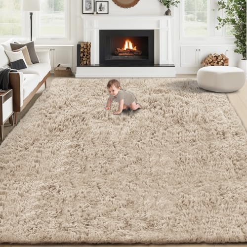 Camel 8x10 Fuzzy Shag Area Rug for Living Room and Bedroom - Washable Plush Carpet
