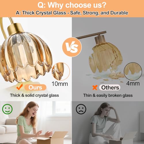 Meybiok Brushed Gold 3-Light Vanity Light with Amber Tulip Glass Shades – Bathroom Fixture